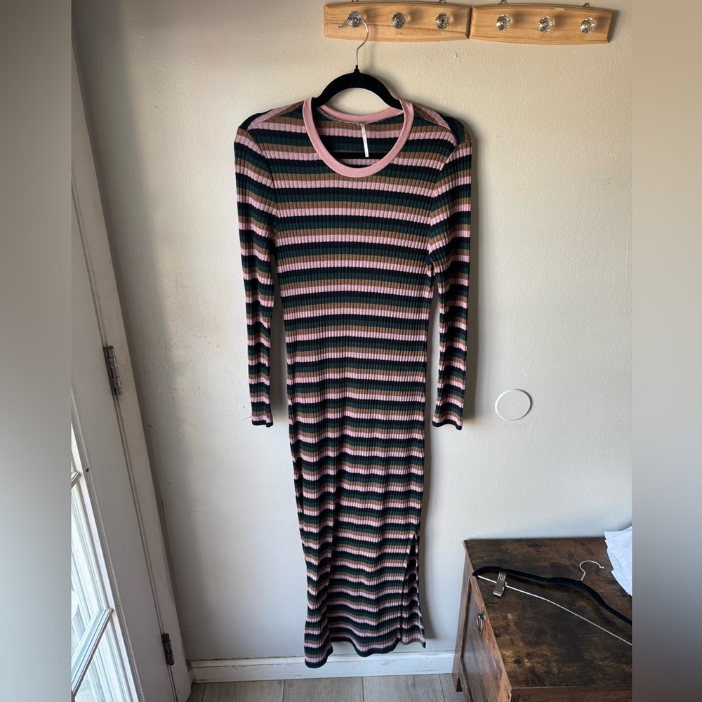 Free People Striped Ribbed Knit Long Sleeve Maxi Dress L